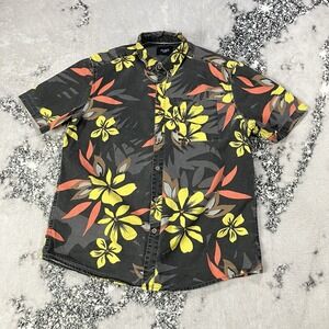 Ambig Hawaiian Shirt Mens Large Black Yellow Floral Tropical Button Up SS‎